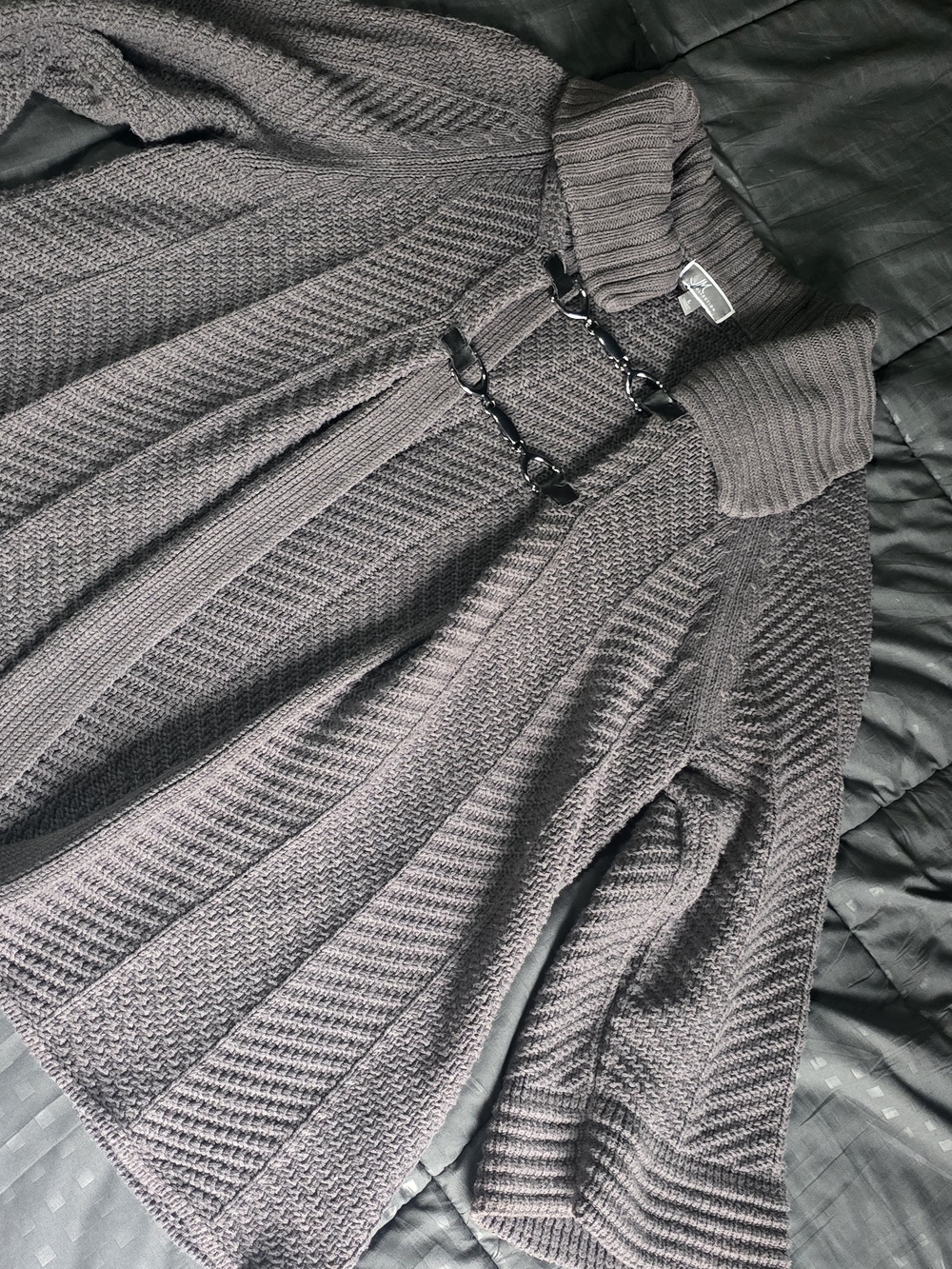 JM Collection Dark Gray Chunky Knit Cardigan with Shiny Metal Detail